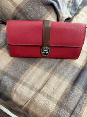 Tumi Red Leather Clutch with Brown Strap and Silver-Tone Lock